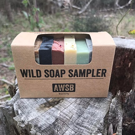 The A Wild Soap Bar - Sampler Gift Set by A Wild Soap Bar, featuring four organic handmade travel soap bars in brown, red, green, and off-white, is displayed on a tree stump amidst a peaceful wooded setting.