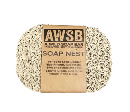 The A Wild Soap Bar - Soap Nest features an oval-shaped, weave-pattern design and is made from eco-friendly bio-plastic. It extends the life of your soap, is easy to clean, and is BPA and phthalate-free. Made in the USA from renewable corn.