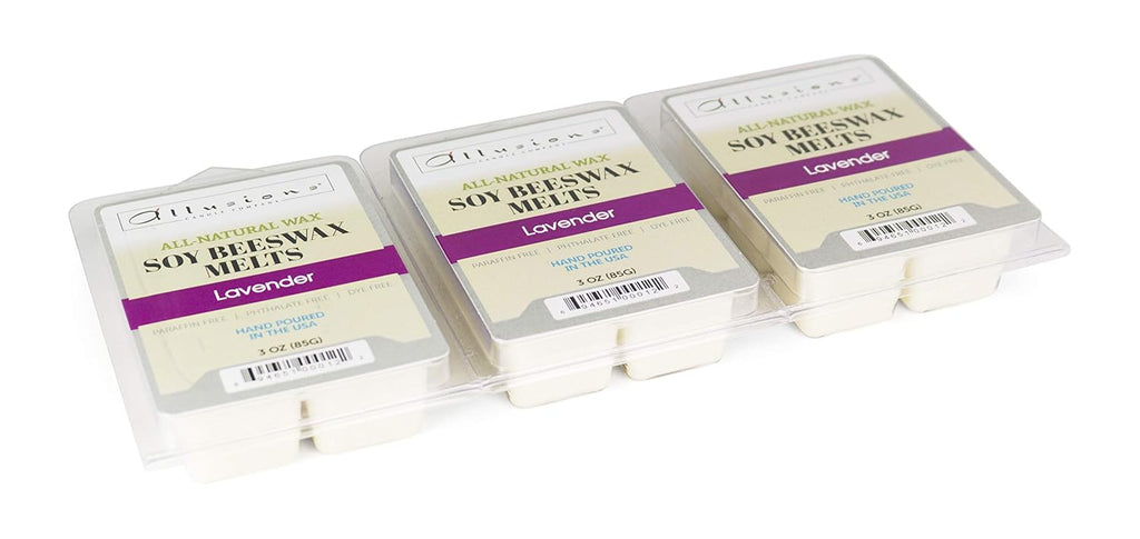 Three packs of Allusions - Lavender Soy Beeswax Melts 3oz, each with six hand-poured white wax cubes, made in the USA and infused with a soothing lavender scent.