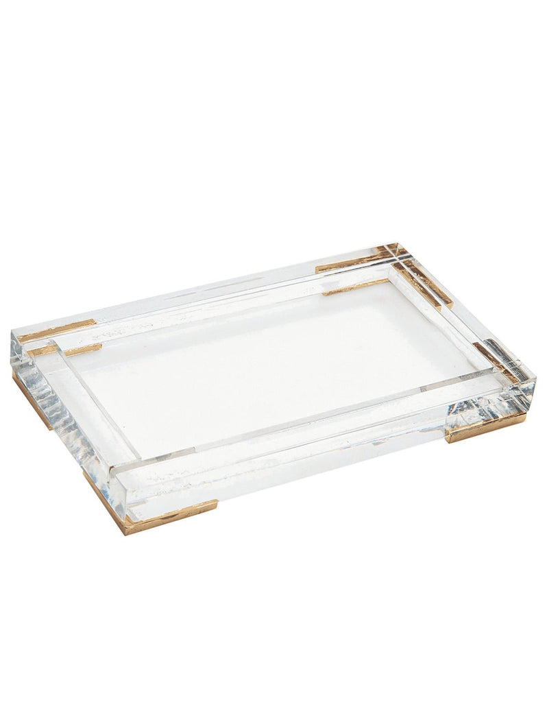 The Antica Farmacista Acrylic Tray, with its clear design and gold-accented corners, elegantly sits on a white background. This minimalist piece complements any decor while holding your favorite 10oz hand wash or body moisturizer.