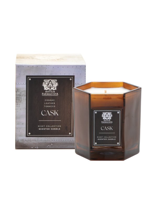 Part of the Rivet Collection, the 9oz hexagonal glass candle holder by Antica Farmacista in Leather Tobacco offers a rich fragrance. The candle and its box both feature elegant, vintage-style labels.