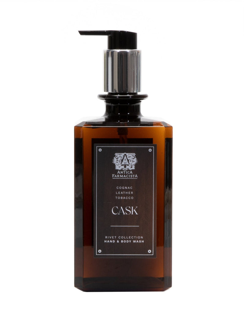 The Antica Farmacista Cask Hand & Body Wash (16oz) features a cognac aroma with leather and tobacco notes. Part of the Rivet Collection, this brown bottle comes with a pump dispenser and is made with natural ingredients.