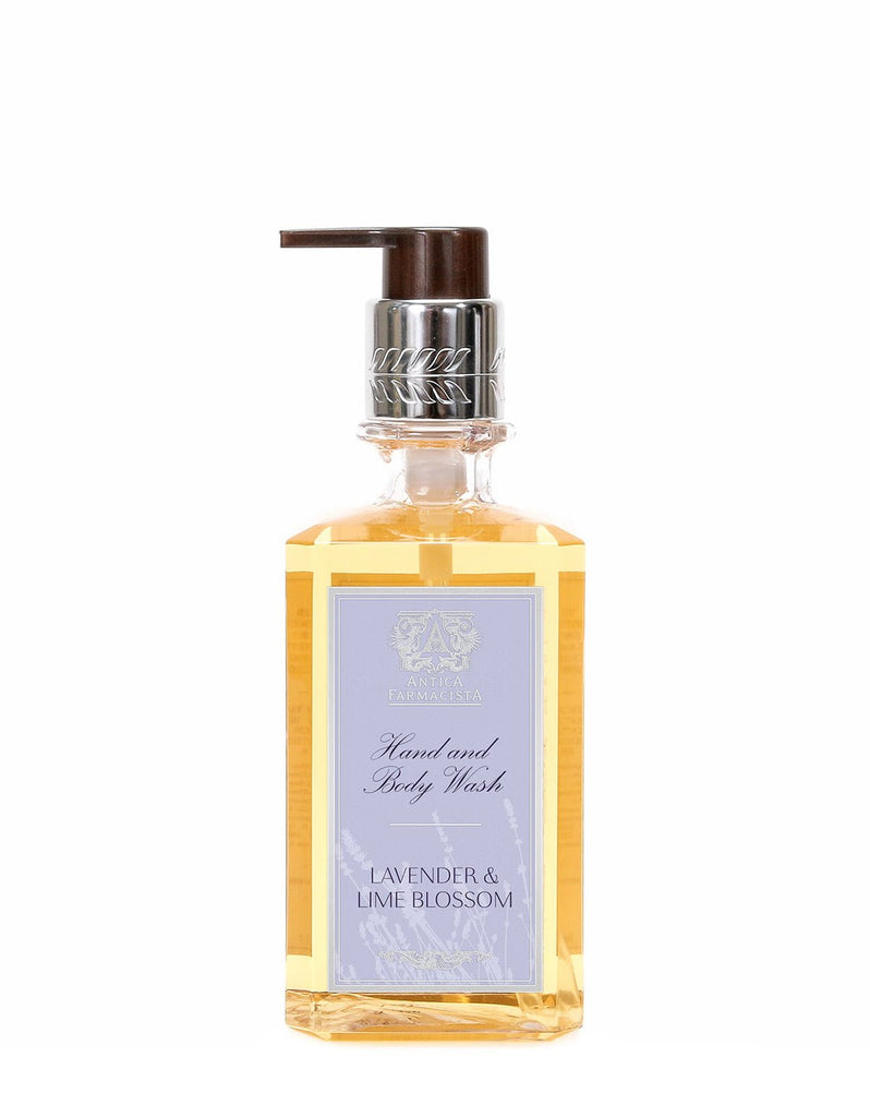 The Antica Farmacista Lavender & Lime Blossom Hand & Body Wash, 10oz, in a clear rectangular bottle with a soothing lavender label and sleek black pump, highlights its natural ingredients.