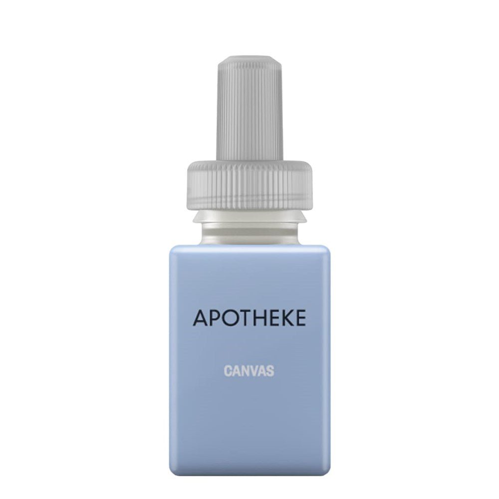 The Apotheke Canvas Refill single for Pura Smart Home Fragrance Diffuser is a small, square, light blue bottle with a minimalistic design and a gray ribbed cylindrical cap. It suggests ethical sourcing and is compatible with the Pura Smart Diffuser.