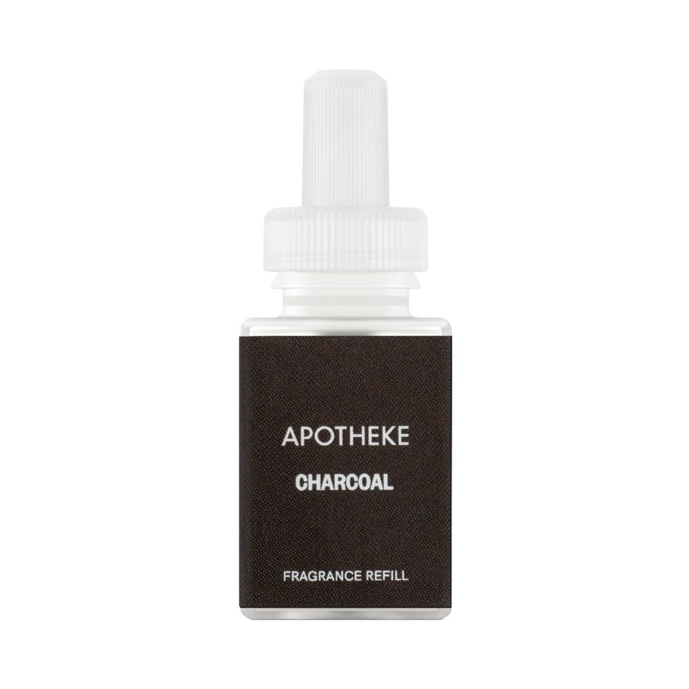 A small, rectangular bottle labeled Apotheke - Charcoal Refill Single for Pura Smart Home Fragrance Diffuser features a white cap and is set against a plain white background.