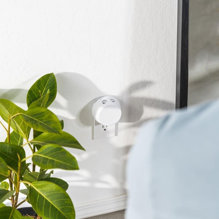 A white smart plug with a round shape and two buttons is in the wall outlet, beside a green plant. A blurred person is in the foreground, enhancing the ambiance of an Apotheke - Earl Grey Bitters Refill Single for Pura Smart Home Fragrance Diffuser by Apotheke.