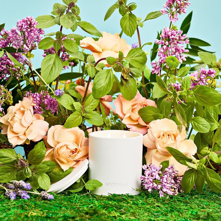 The Apotheke Holy Basil and Rosewater 2 Wick Candle, crafted with a soy wax blend, sits on moss among peach roses and lilacs, its jar labeled “Apotheke” and the lid nearby, set against a light blue background.