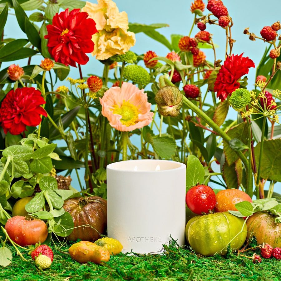 The Apotheke Tomato Tarragon 2 Wick Candle rests on green moss, surrounded by heirloom tomatoes, strawberries, and red, yellow, and pink flowers, set against a light blue background.