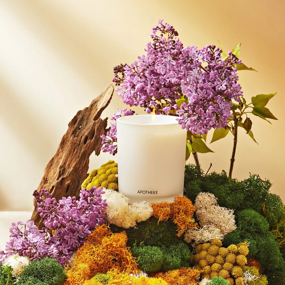 An Apotheke - White Vetiver Classic Candle 10.5oz is surrounded by vibrant purple flowers, green and orange moss, and driftwood. The softly lit background heightens the natural and serene ambiance, adding an elegant touch of white vetiver from the Apotheke brand.