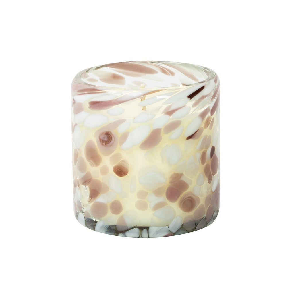 The Aqua De Soi Paloma Sunset 8oz Confetti Candle features a cream-colored artisan candle with refreshing grapefruit notes, housed in a decorative round glass with pink, white, and clear speckles for an elegant textured look.