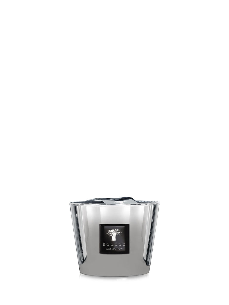 The Baobab - Les Exclusives Platinum Max 10 Candle by Baobab features a sleek, modern silver holder resembling platinum. Its slightly flared design is perfect for an amber & spice candle, elegantly displayed on a white background.