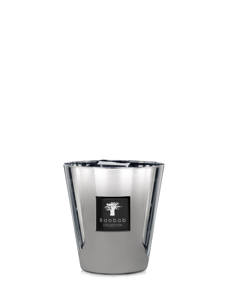 A reflective silver candle holder with a sleek design features a black Baobab label and tree logo, ideal for the Platinum scented candle. The elegant piece, perfect for your burning ritual, is presented against a plain white background.