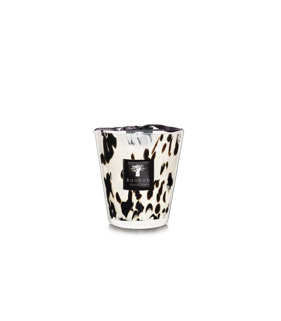 The Boabab - Pearls - Black Max 16 Candle by Baobab is a decorative scented candle in a hand-blown glass jar with a black and white animal print, featuring multiple wicks and a black Baobab Collection label, set against a plain white background, reminiscent of Black Pearls.