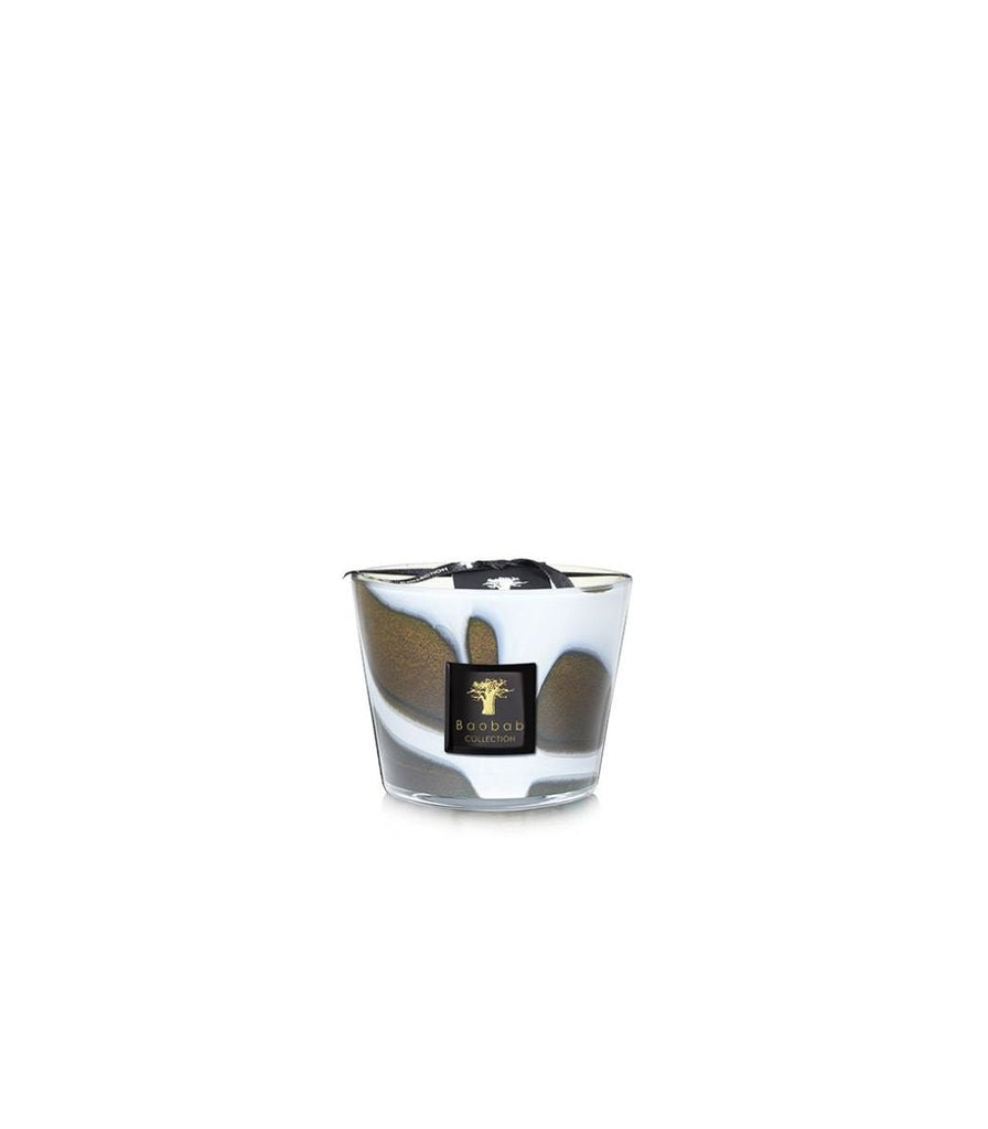 The Boabab - Stones - Agate Max 10 Candle features an elegant black and gold design with black wax. It emits a delightful aroma, showcased in hand-blown glass labeled with the Baobab tree logo against a plain white background.