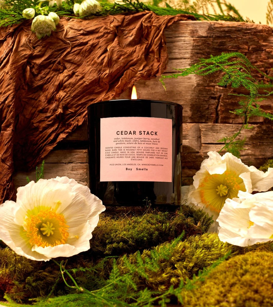 A lit Boy Smells - Cedar Stack 8.5oz Candle in a black jar fills the air with a woody scent, surrounded by white flowers, green moss, and rustic wooden pieces. Spicy notes enhance the earthy ambiance.