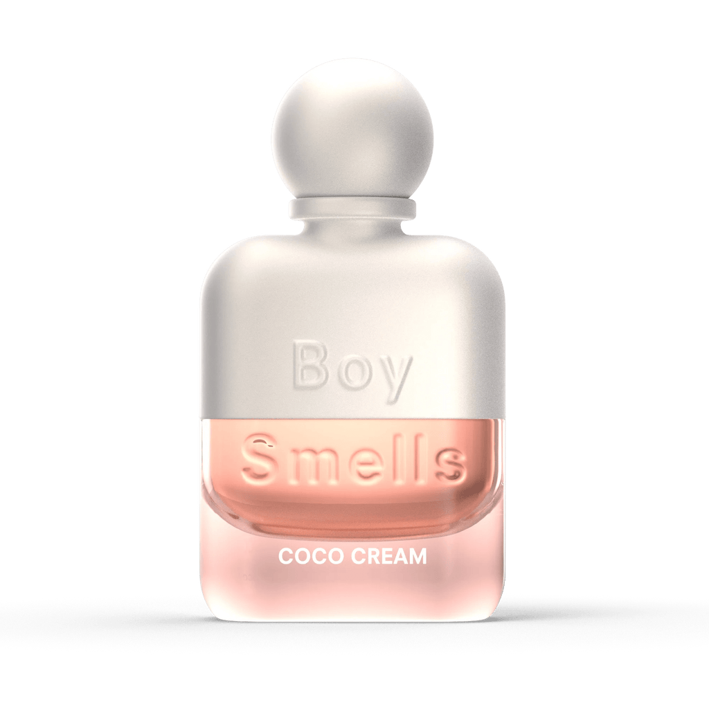 Boy Smells - Coco Cream Eau de Parfum 50ml features a frosted glass bottle with a round cap and holds light pink perfume, evoking coconut milk and vanilla notes.