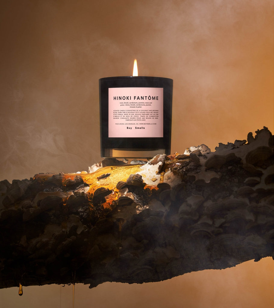 The Boy Smells Hinoki Fantôme 8.5oz Candle rests on a rugged Japanese cypress branch with dripping resin, set against a hazy amber and gray smoky background. Earthy spices enrich the scene, crafting a warm and mystical ambiance.