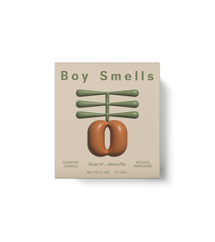 The Boy Smells - Sweet Pits 8.5oz Candle showcases a minimalist design with abstract green and brown shapes on a beige background, featuring the labels Fruity Gourmand and Boy Smells, exuding a sophisticated scent.