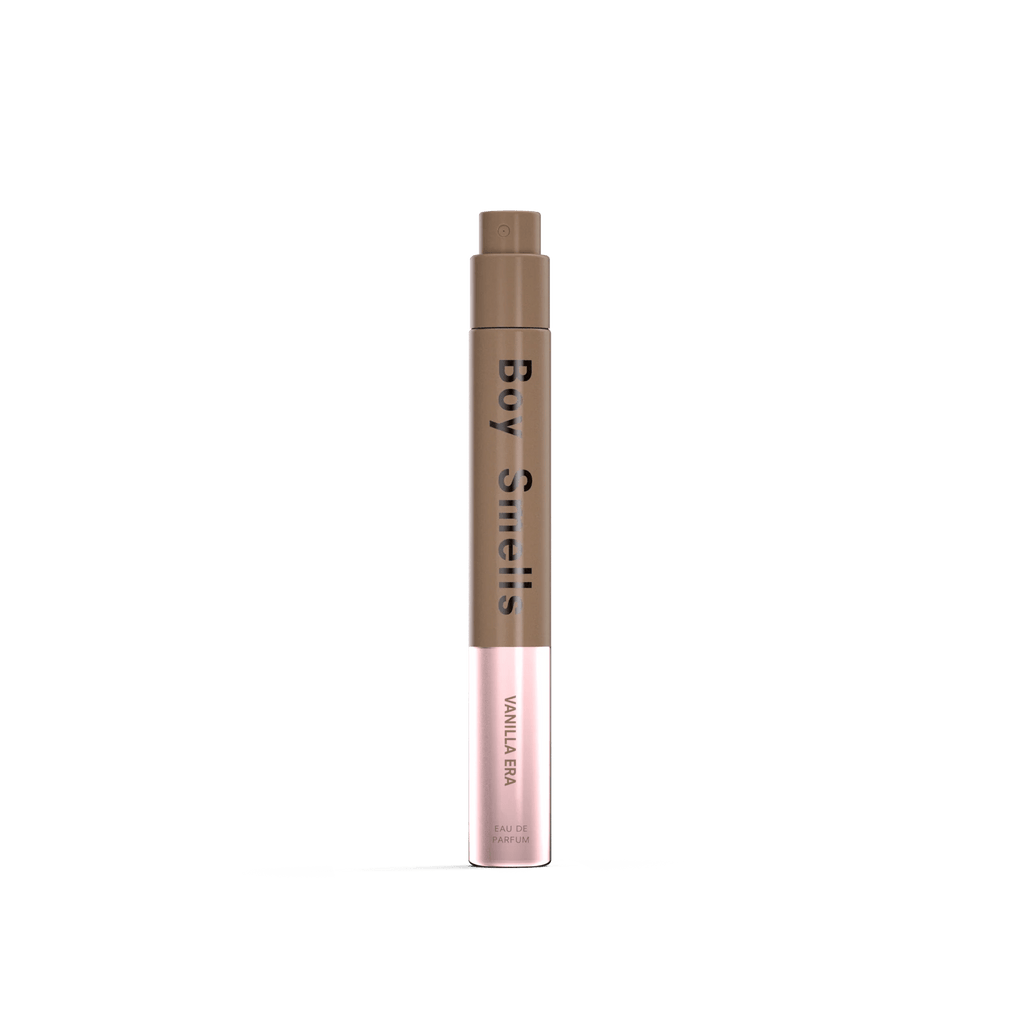 A brown and pink cylindrical spray bottle of Boy Smells - Vanilla Era Eau de Parfum 10ml stands upright against a white background, suggesting a delectable gourmand aroma with notes of vanilla.