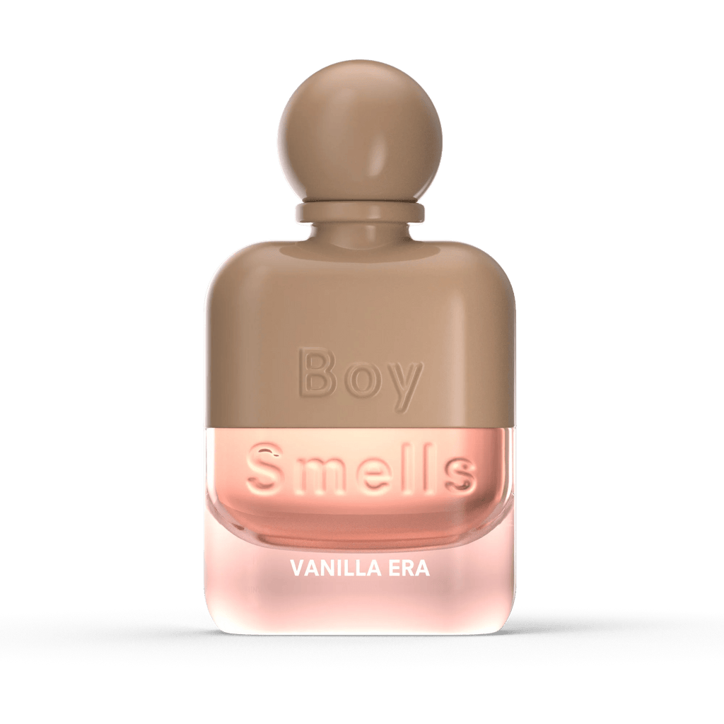 The Boy Smells - Vanilla Era Eau de Parfum 50ml features a beige and pink bottle with a round cap, labeled Boy Smells and VANILLA ERA, set against a black background, suggesting its rich vanilla gourmand scent.