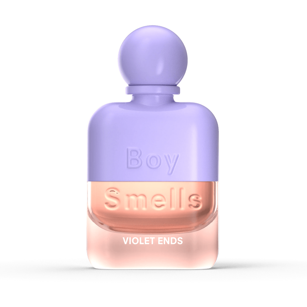Boy Smells - Violet Ends Eau de Parfum 50ml features an earthy floral scent with notes of rhubarb, violet, and incense. The lavender and pink bottle has a rounded cap, raised Boy Smells lettering, and Violet Ends in white at the bottom.