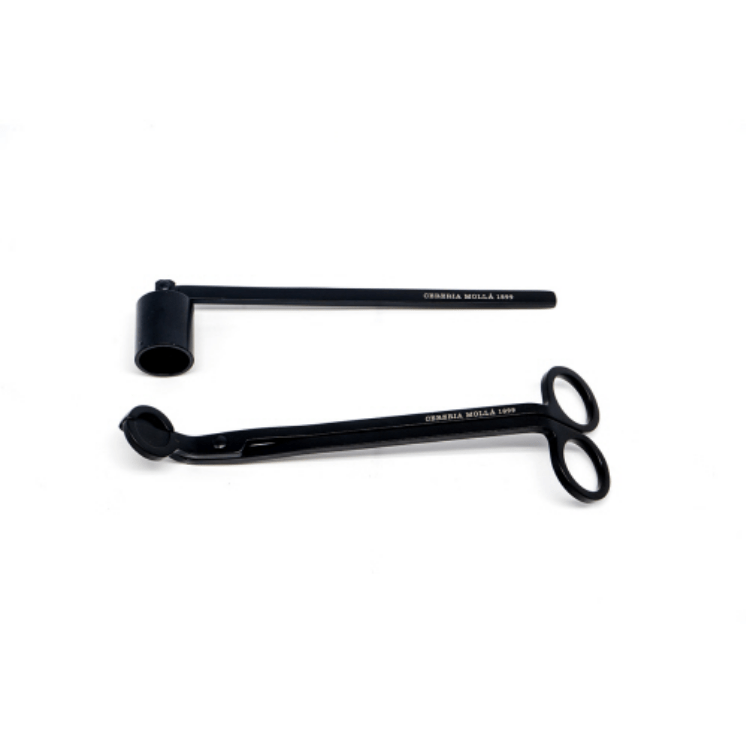 The Cereria Molla Set Wick Trimmer & Candle Snuffer, both in black metal, are shown on a white background. The wick trimmer features scissor-like handles and the snuffer has a cylindrical end.