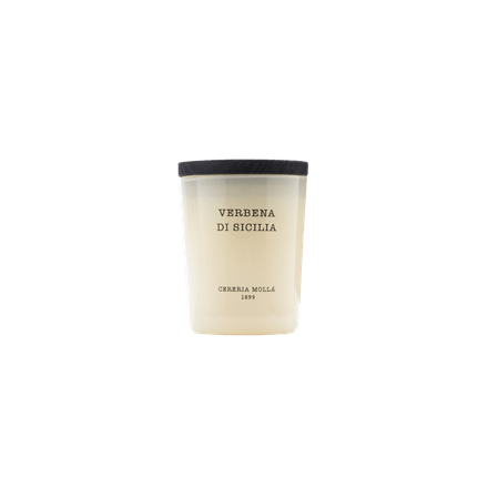 The Cereria Molla - Verbena De Sicilia 2.6oz Candle features minimalist frosted glass with a sleek black lid and off-white soy wax, adding elegance to any space. A refined choice for scented candle lovers.