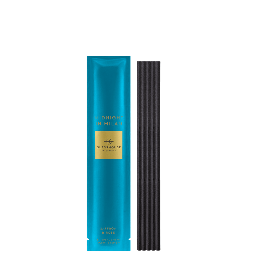 A teal package with the Glasshouse Fragrances logo labeled Midnight in Milan is beside black incense sticks featuring Scent Stems, highlighting Saffron & Rose and Ultra High Intensity.