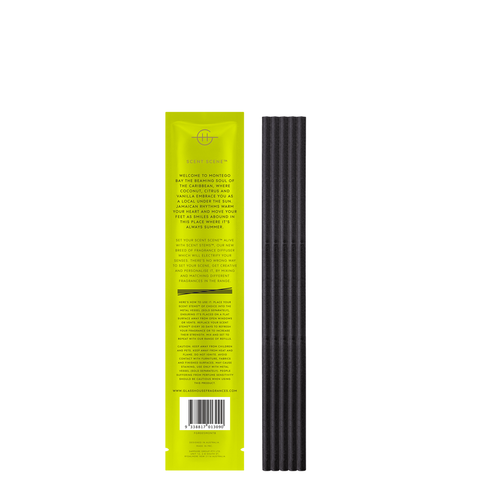 Tall, slender packaging showcases bright yellow labeling and a barcode on the left, while the right side reveals a ribbed, dark-colored rectangular product ideal for Coconut & Lime Fragrance Refills or Glasshouse Fragrances Replacement Scent Stems - Montego Bay Rhythm.