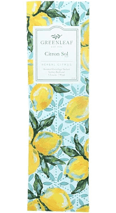 The vibrant Greenleaf - Citron Sol Sachet features bright yellow lemons and lush green leaves on a blue background, labeled Greenleaf Citron Sol, and highlights its large sachets filled with exquisite Greenleaf fragrance.