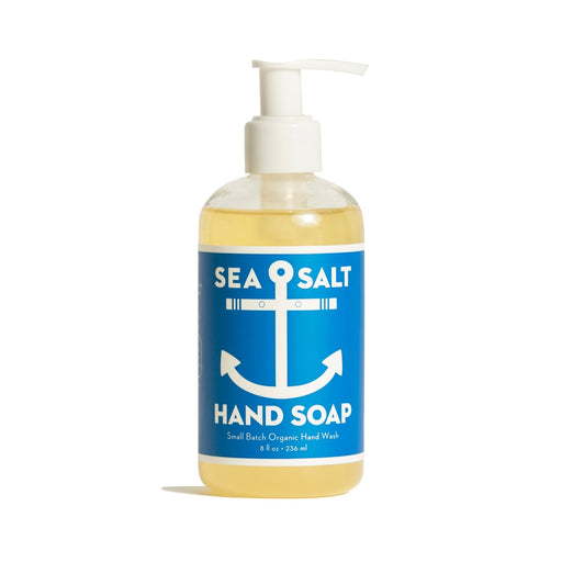 An 8 fl oz (236 ml) clear plastic pump bottle of Kalastyles Swedish Dream Sea Salt Organic Hand Soap features a blue label with a white anchor. This vegan, cruelty-free hand wash is crafted in small batches using organic ingredients.