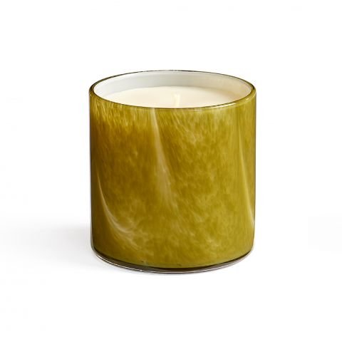 Against a plain white background, the unlit Lafco - Andean Myrtle Classic 15.5oz Candle in a cylindrical holder showcases its green marbled design and emits a subtle Palo Santo aroma, with its smooth surface reflecting light beautifully.