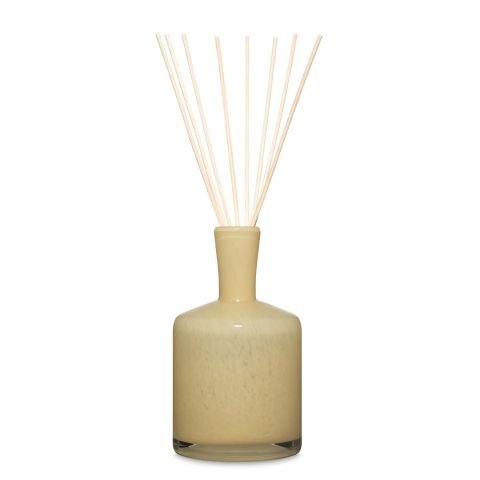 The Lafayette Chamomile Lavender 15oz Reed Diffuser features a beige, smooth ceramic body with a round base and narrow neck holding light wooden reeds infused with calming lavender.