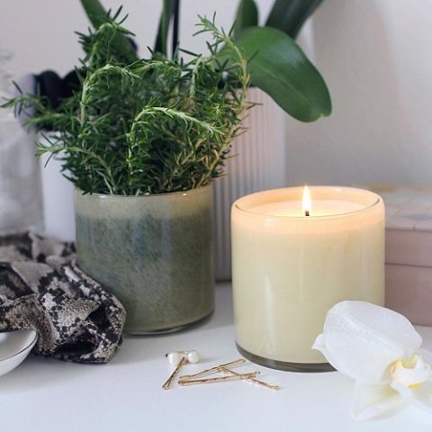 A Lafco Chamomile Lavender Signature 15.5oz Candle in a glass jar sits beside a potted green plant on a white surface, with bobby pins, a pearl earring, a white flower petal, and patterned fabric nearby.