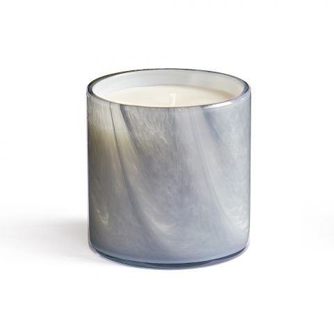 The Lafco - Timur Pepper Classic 15.5oz Candle features a marble-patterned cylindrical glass container in gray and white, with light cream wax subtly infused with black pepper for a refined aroma.