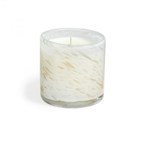The Lafco - White Maple Bourbon Signature 6.5oz Candle features elegant white soy wax in a round, clear glass holder with a soft beige pattern, single wick, and smooth finish—an elevated touch for any room.