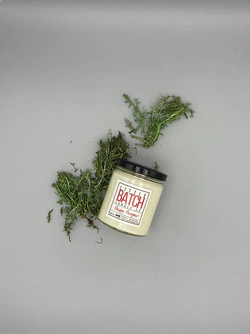 The Little Batch Candle Co. - Happy Camper Candle, made from natural soy wax, features a black lid and is beautifully displayed with dried herbs and oak moss on a gray surface, creating an elegant setup perfect for relaxation and tranquility.