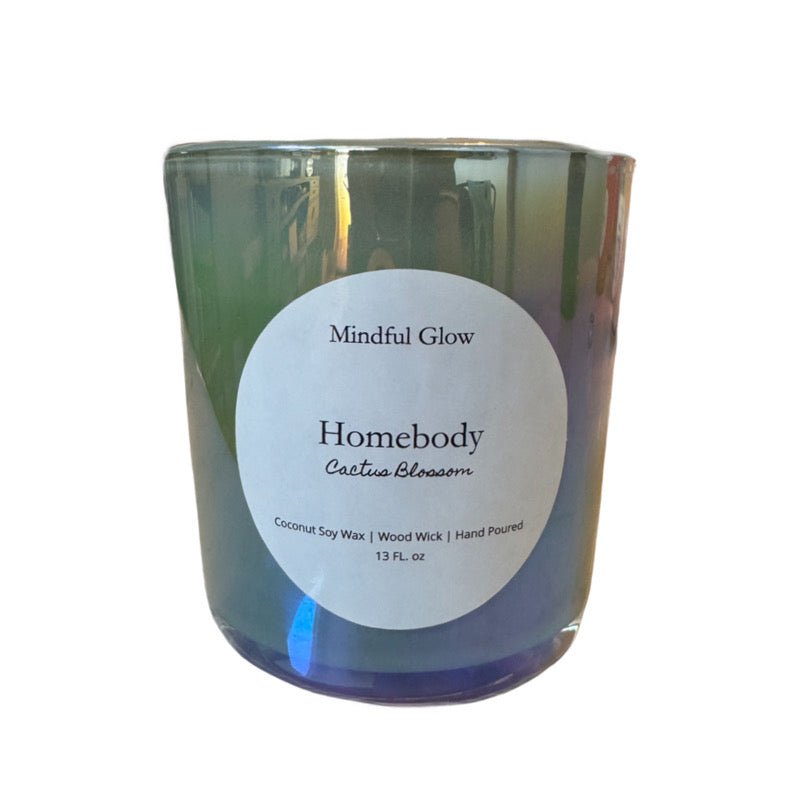 The Mindful Glow - Homebody Woodwick Candle by Mindful Glow features a glass holder with green and purple gradient, cactus blossom scent, coconut soy wax, hand-poured, 13oz.