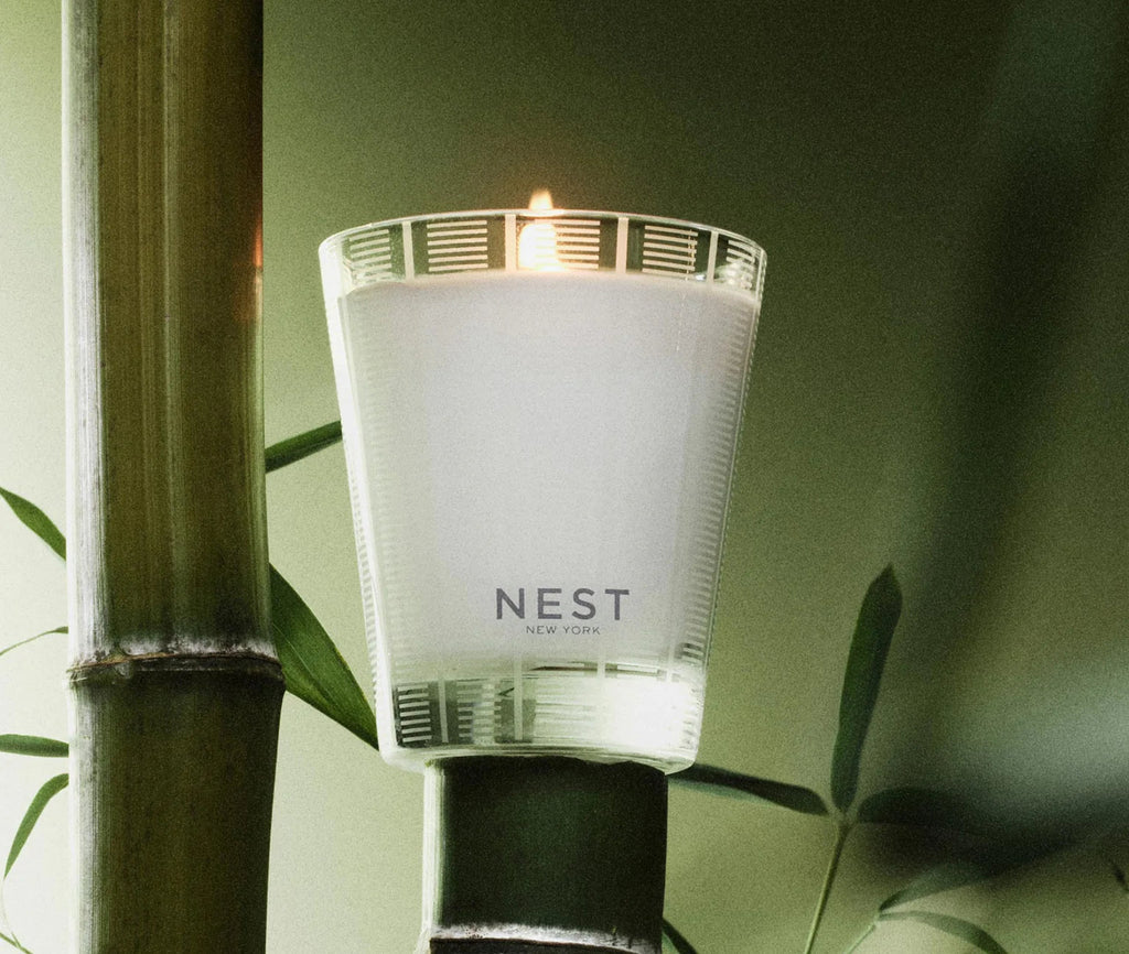 The Nest - Bamboo Classic Candle by Nest, in a frosted glass holder, sits on a bamboo stalk among green stems and leaves, filling the air with its fresh Bamboo fragrance against a soft green background.