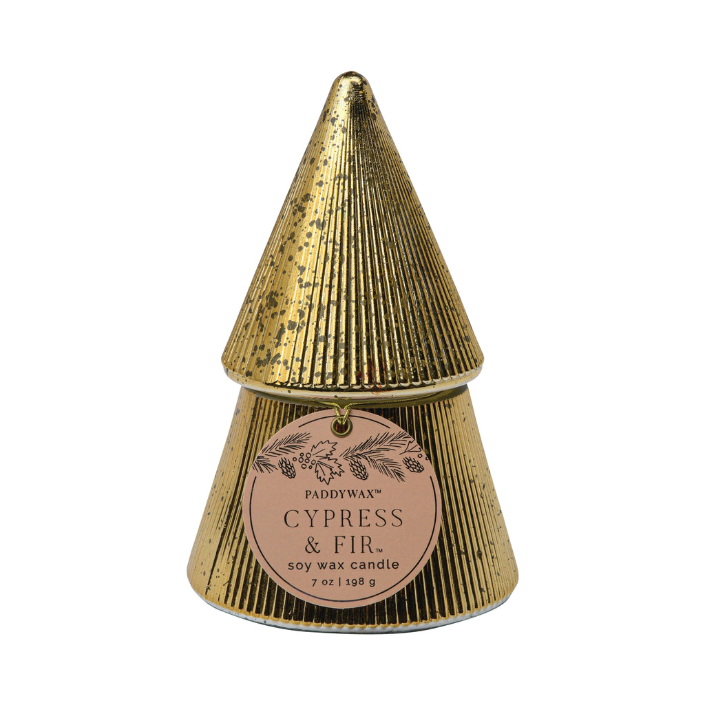 The Paddywax 7oz Cypress + Fir Mercury Trees candle features a gold, tree-shaped vessel with vertical ridges and a pink tag—evoking Christmas trees. Soy wax, 198g—perfect for the holidays.