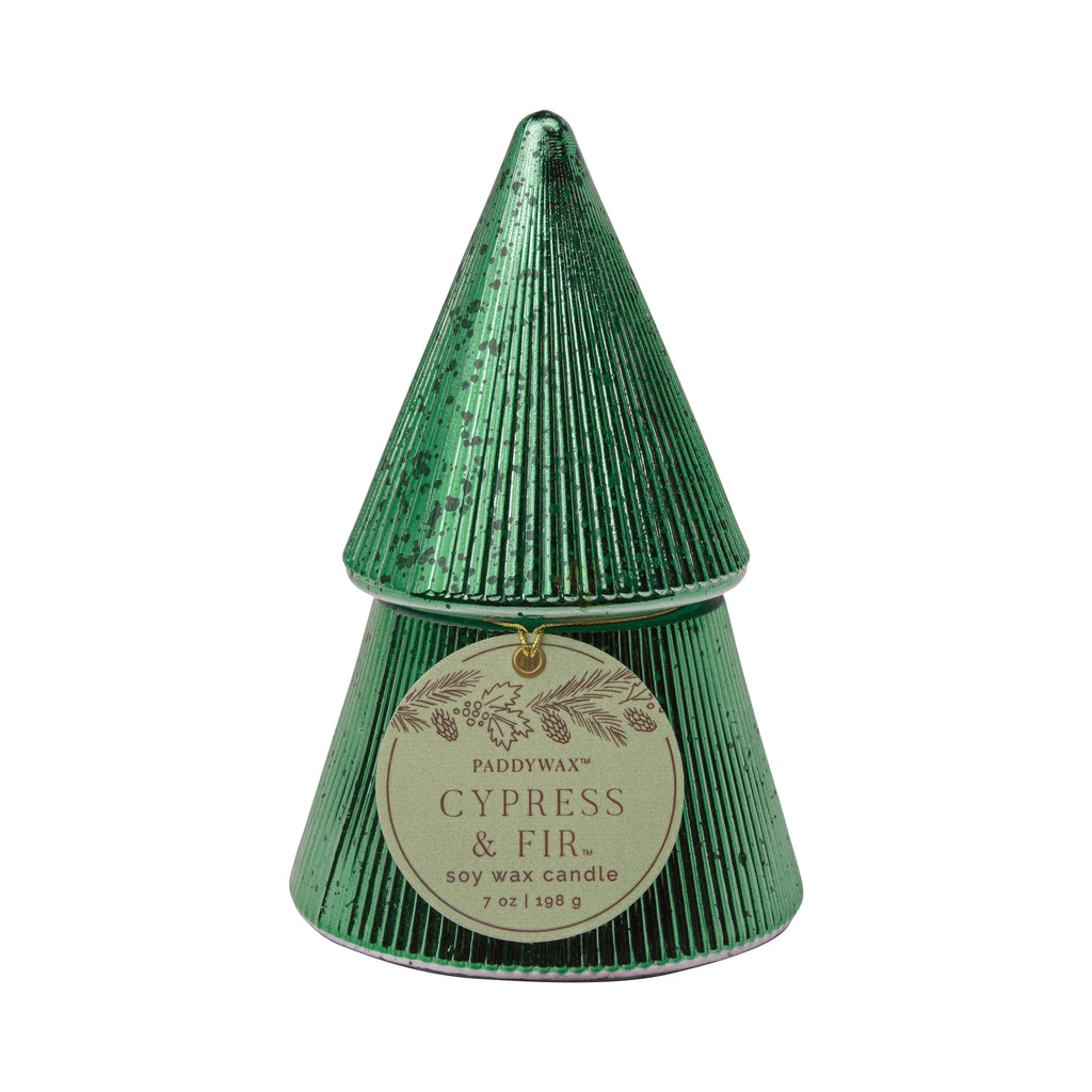 A green, cone-shaped Paddywax - 7oz Cypress + Fir Mercury Trees soy candle resembles a Christmas tree with a textured metallic finish and fills your space with the fresh Cypress & Fir scent.