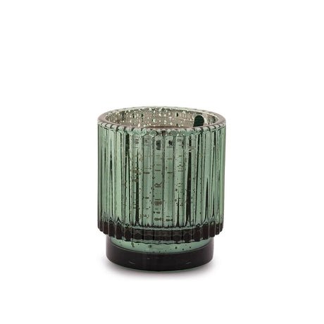 The Paddywax Cypress + Fir candle features a small green mercury glass holder with vertical ridges and a textured, glossy finish. Its cylindrical shape with a wider base is perfect for enhancing holiday fragrances.