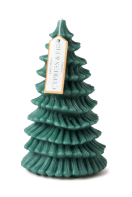 The Paddywax Cypress + Fir 5 x 8 Tall Tree Totem Candle, shaped like a Christmas tree with layered branches and crafted from soy wax, includes a tag reading Cypress & Fir. Its perfect for holiday cheer with an eco-friendly touch, using a repurposed candle vessel design.