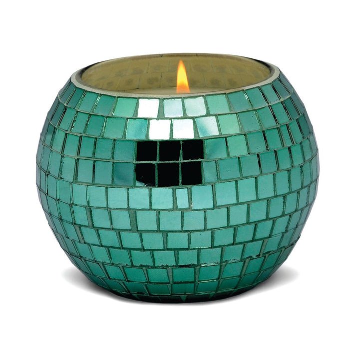 The Paddywax Magique 10 oz Green Disco Ball Candle in Tapac & Pine features a round, mosaic-tiled holder. Shiny and reflective, it evokes disco vibes, creating vibrant home decor that dazzles with every flicker.
