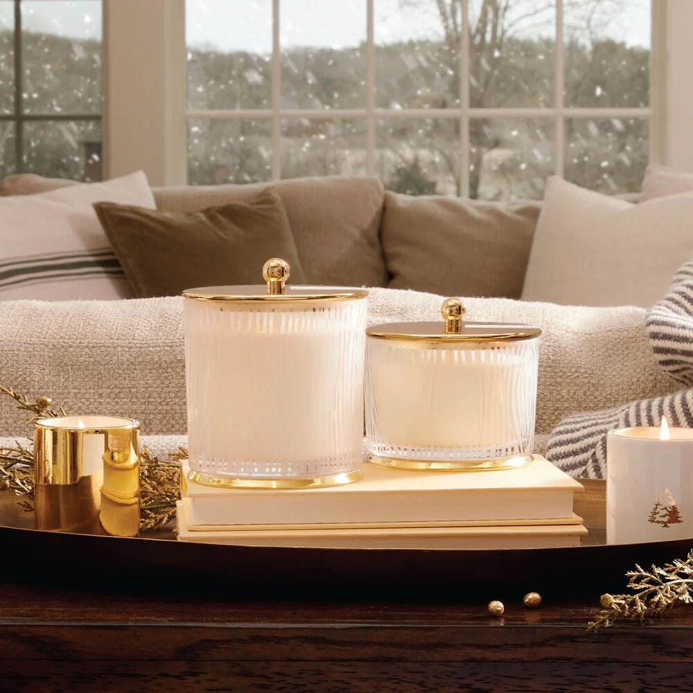 Two elegant white Thymes candles, including the Frasier Fir Gilded Frosted Wood Grain Candle, sit on stacked books atop a wooden table. Gold lids and accents add warmth beside a snowy window and soft sofa in the background.
