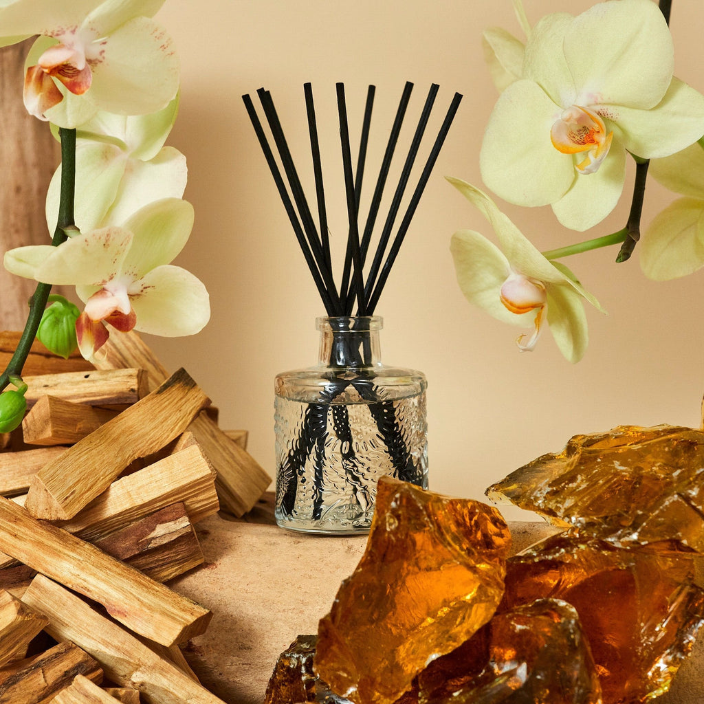 Voluspas Baltic Amber 3.4oz Reed Diffuser features a sleek glass jar and black reed sticks, surrounded by wooden sticks, translucent crystals, and delicate white orchids with yellow centers, creating a neutral and earthy ambiance enhanced perfectly by its Baltic amber scent.