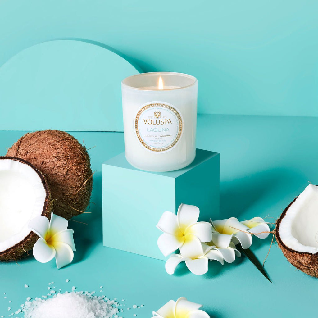 A Voluspa - Laguna Classic Candle 9.5oz, crafted with a coconut wax blend, rests on a teal pedestal surrounded by white plumeria flowers, coconut halves, and sea salt. Its tropical scent fills the air against the serene teal backdrop.