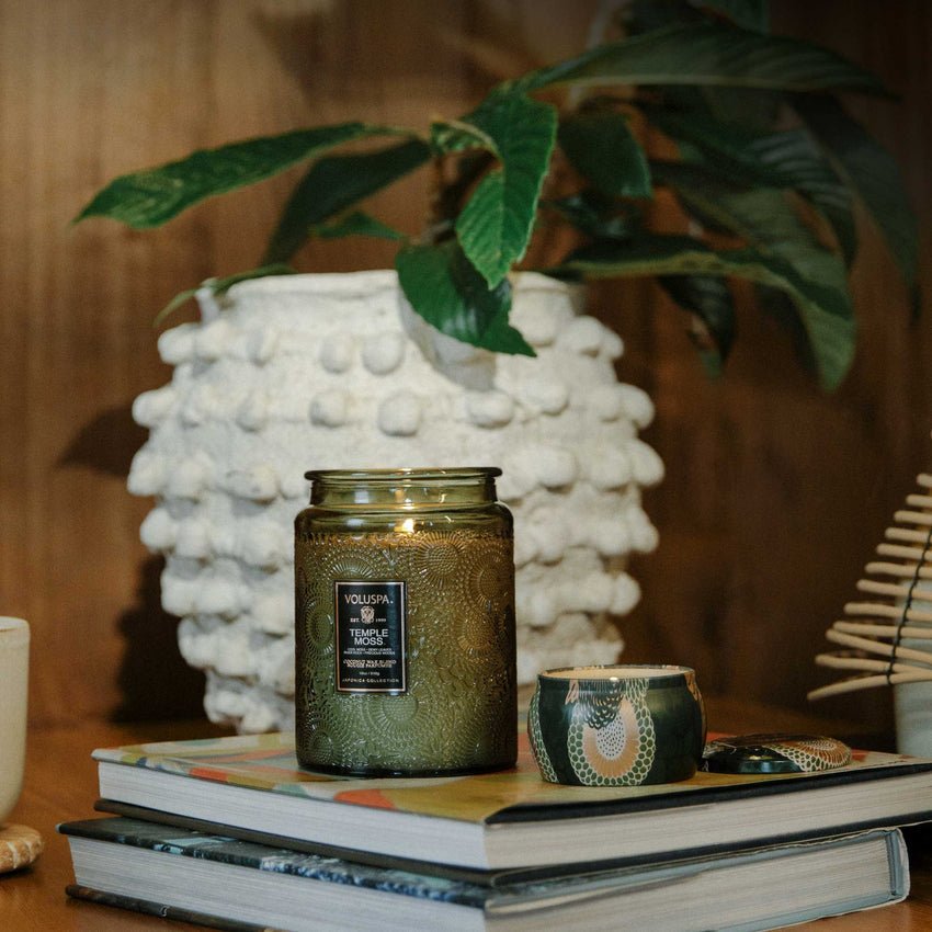 A Voluspa Temple Moss Large Jar 18oz Candle in green with a patterned design sits on stacked books beside a small matching candle. A textured white plant pot with leafy foliage adds to the serene ambiance and impressive fragrance throw of the coconut wax blend.