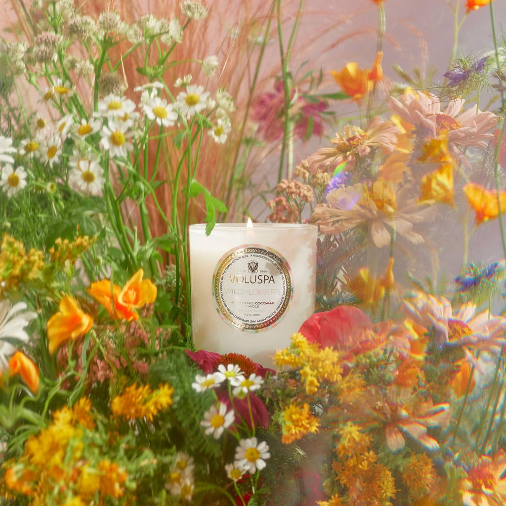 A Voluspa - Wildflowers Classic 9.5oz Candle, crafted from a clean-burning coconut wax blend, sits among vibrant native wildflowers like daisies and poppies, creating a serene scene where the candles warm glow enhances the natural beauty.