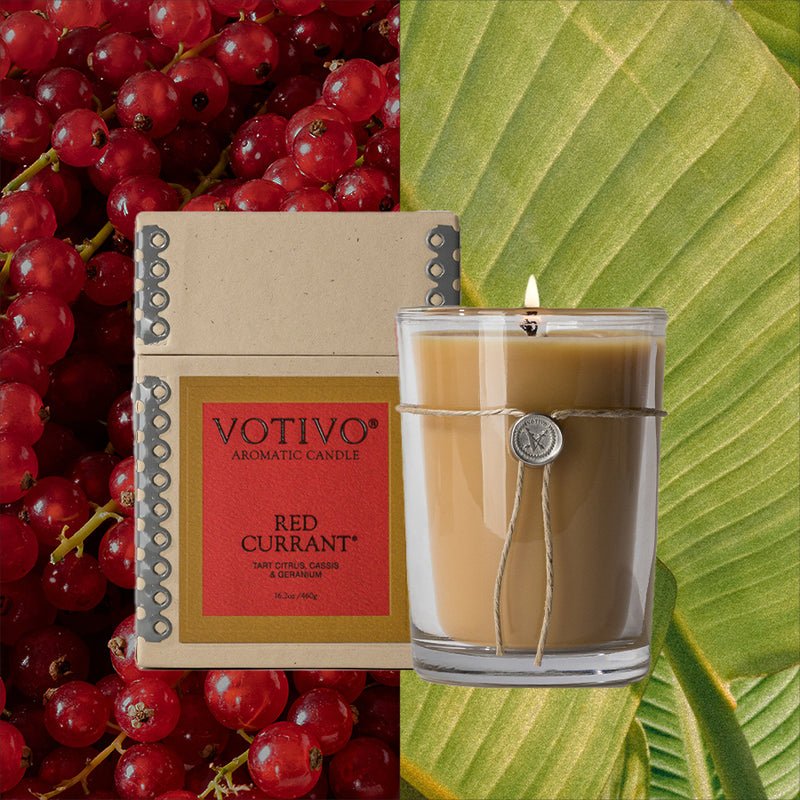 The Votivo - Red Currant Aromatic 6.8oz Candle in clear glass is shown beside its box against a backdrop featuring red currants and a large green leaf.